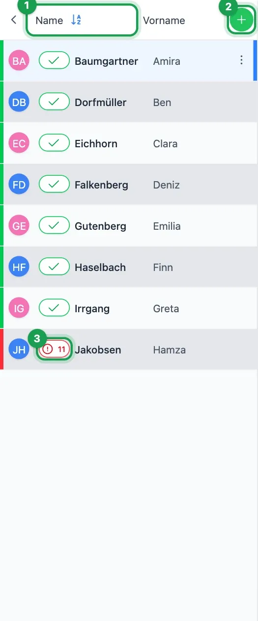 Schülerliste mit Sortierung, Hinzufügen und Status