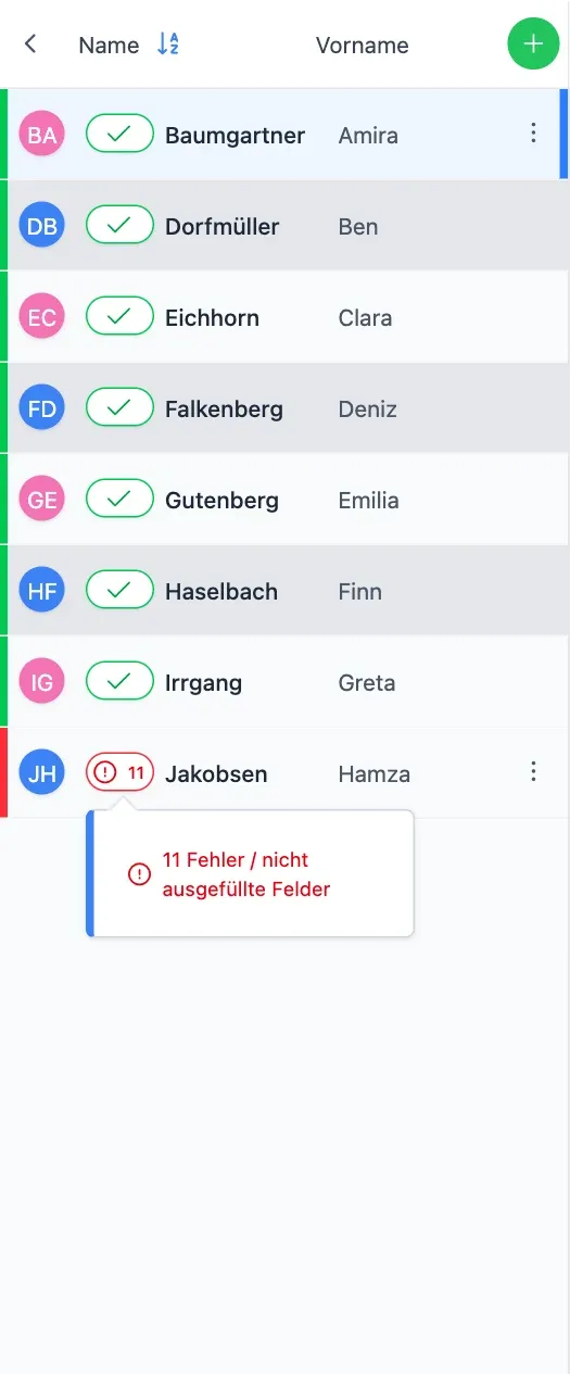 Status-Anzeige eines unvollständigen Zeugnisses