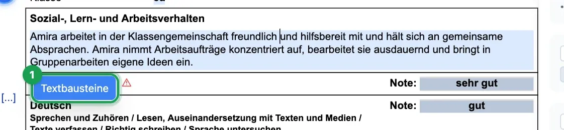 Knopf „Textbausteine“ unter dem Textfeld