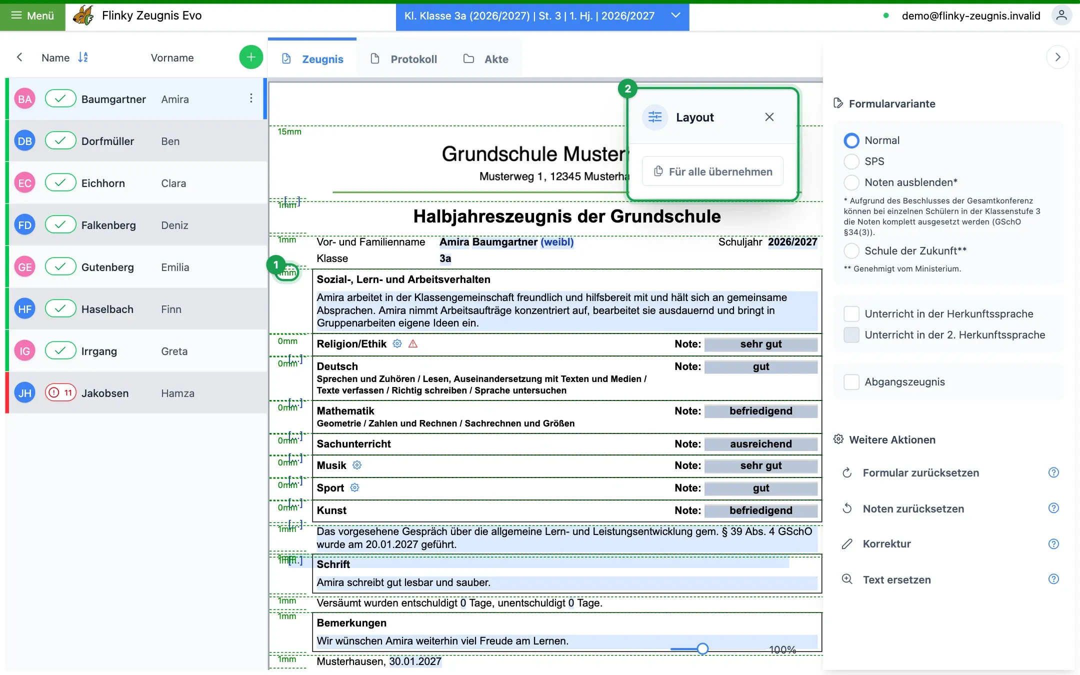 Layout-Modus mit Millimeter-Angaben und dem Feld „Layout“