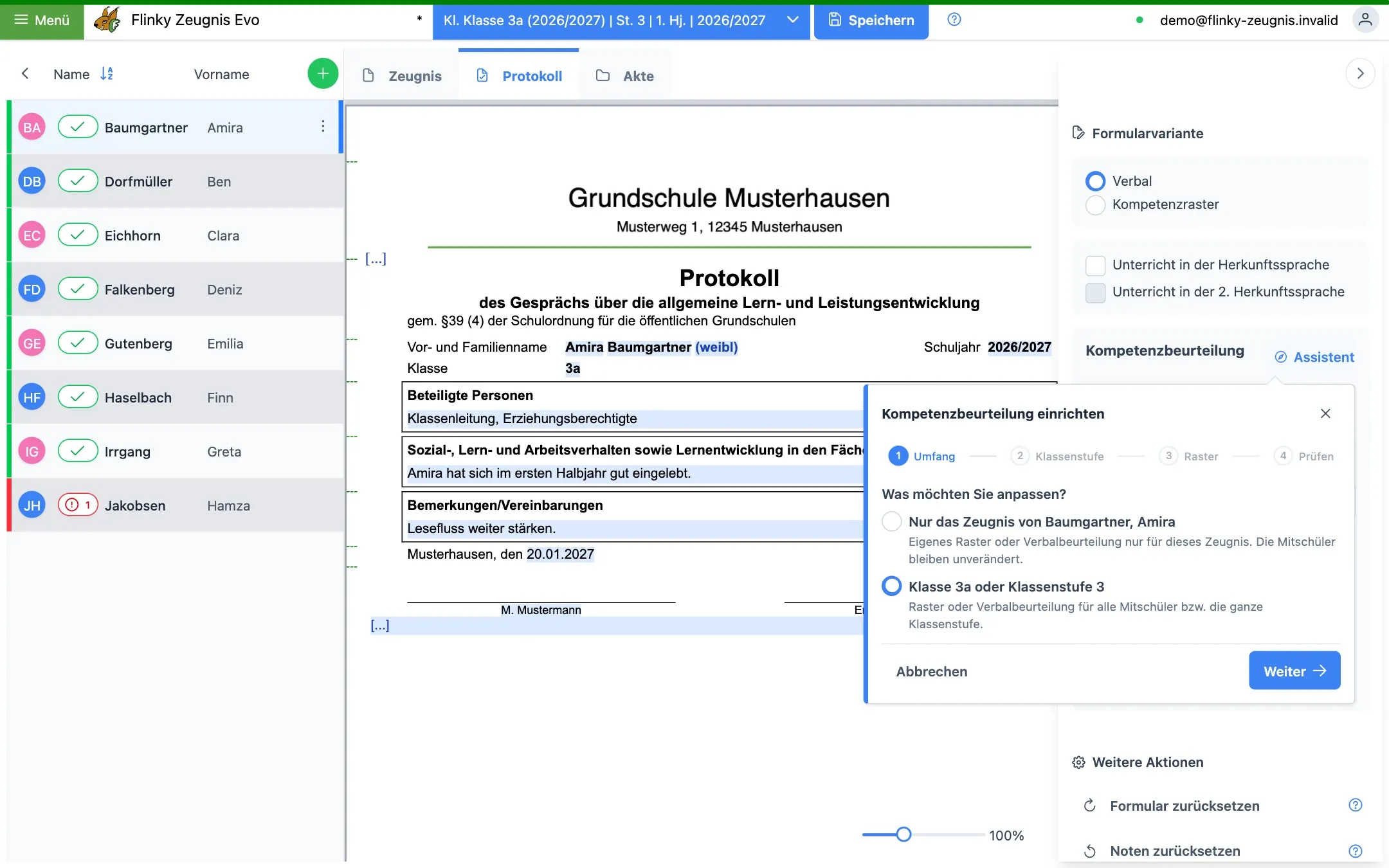 Einrichtungs-Assistent für die Kompetenzbeurteilung