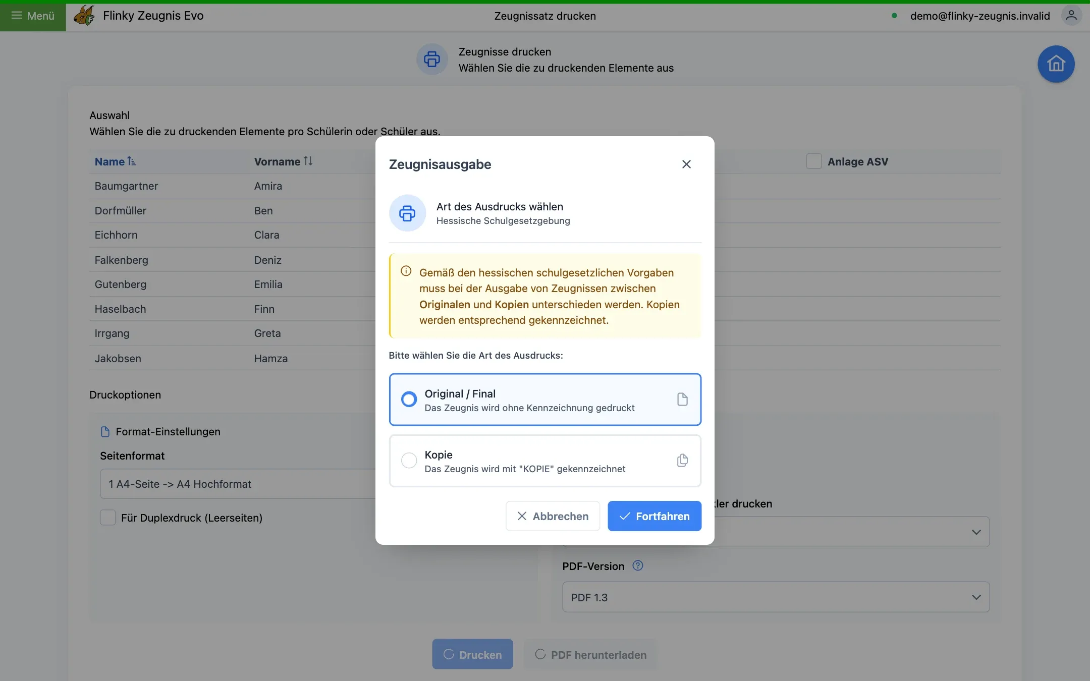 Dialog „Art des Ausdrucks wählen“