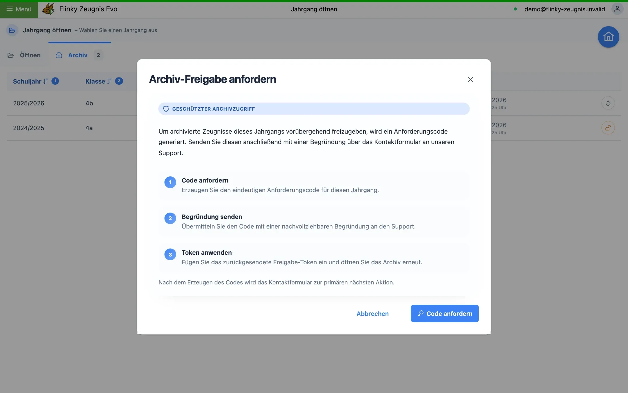 Dialog „Archiv-Freigabe anfordern“