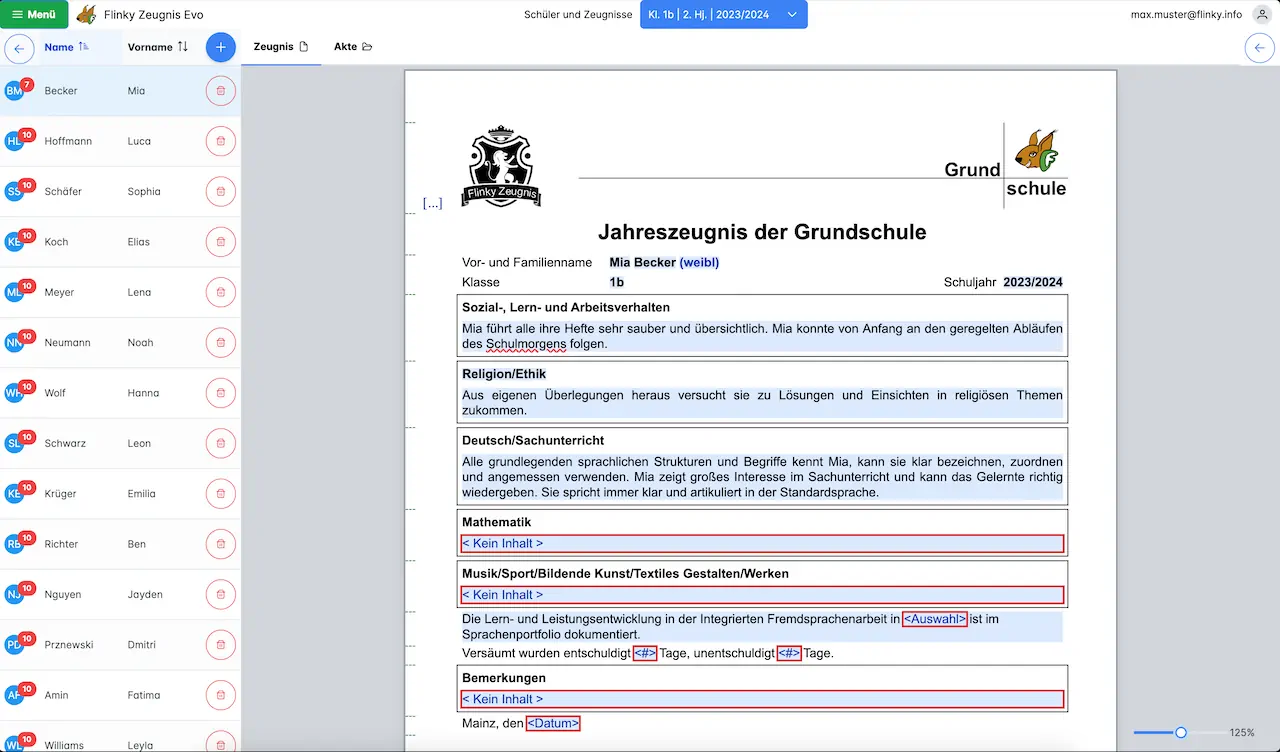 Zeugnis direkt im Formular bearbeiten – Flinky Zeugnis Ansicht